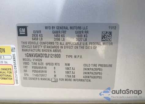 2013 Chevrolet Traverse 1Lt z USA, uszkodzony, nr VIN 1GNKVGKD7DJ121800